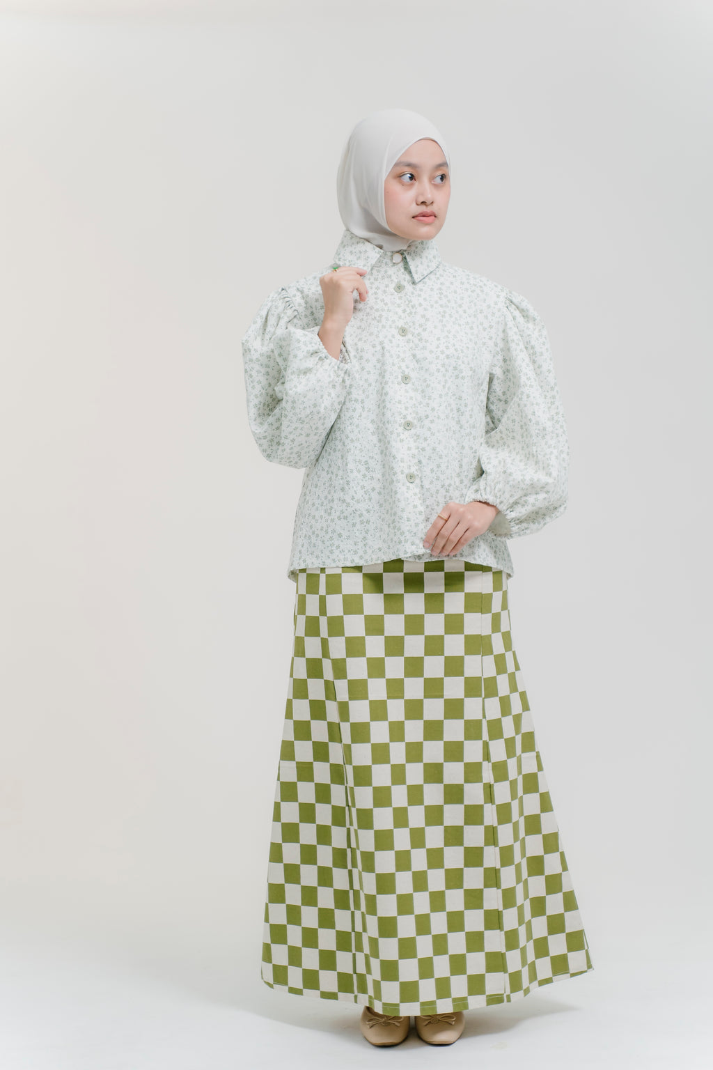 Lydia Skirt in Sage & Crème Check Linen