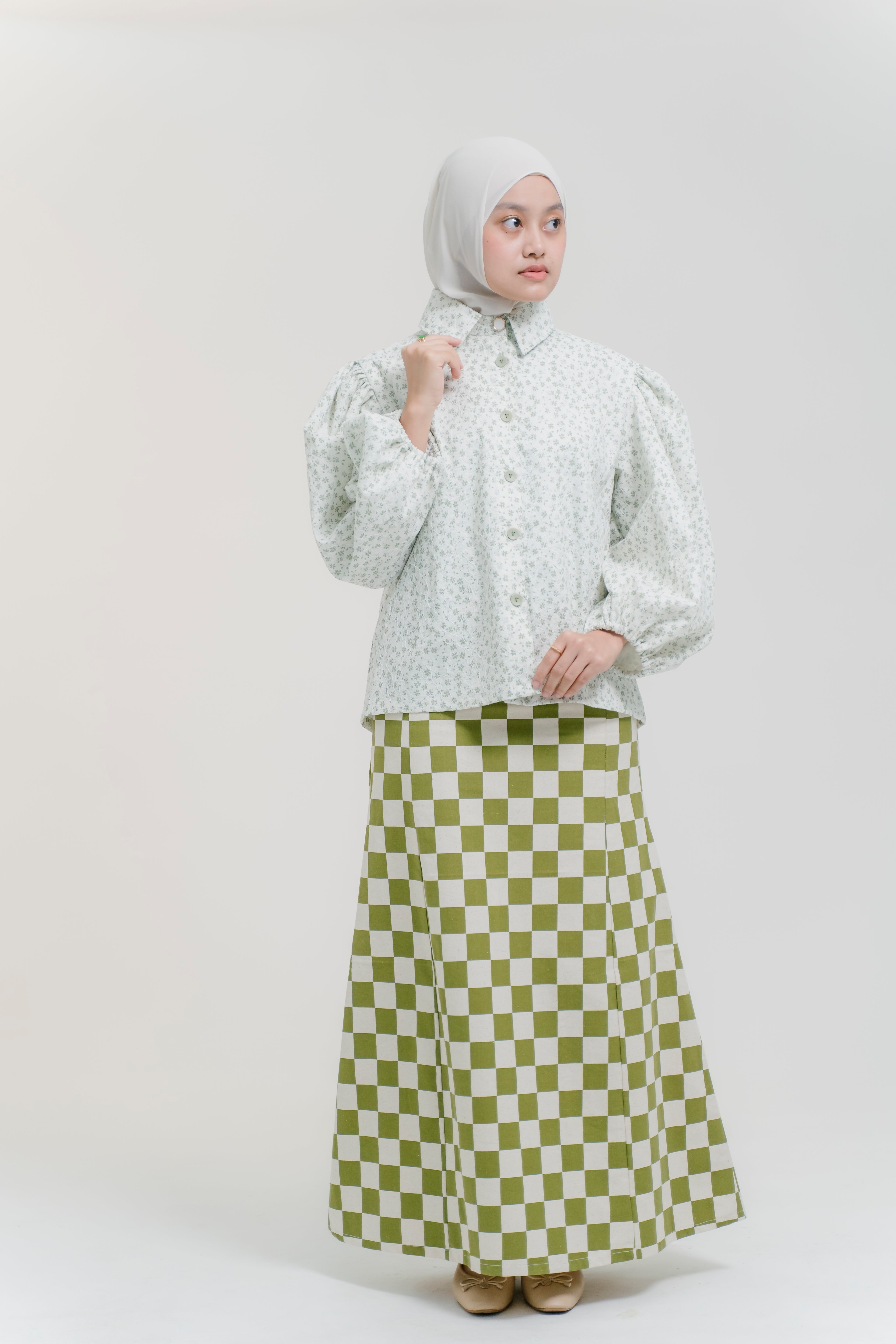 Lydia Skirt in Sage & Crème Check Linen