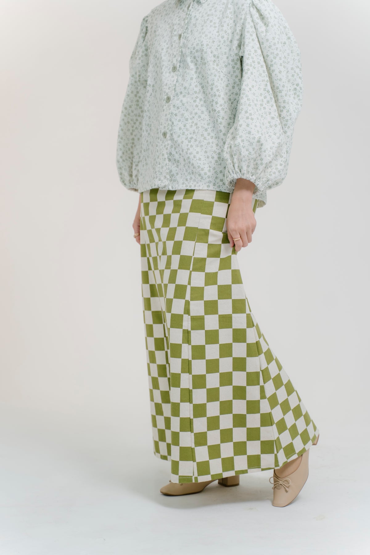 Lydia Skirt in Sage & Crème Check Linen