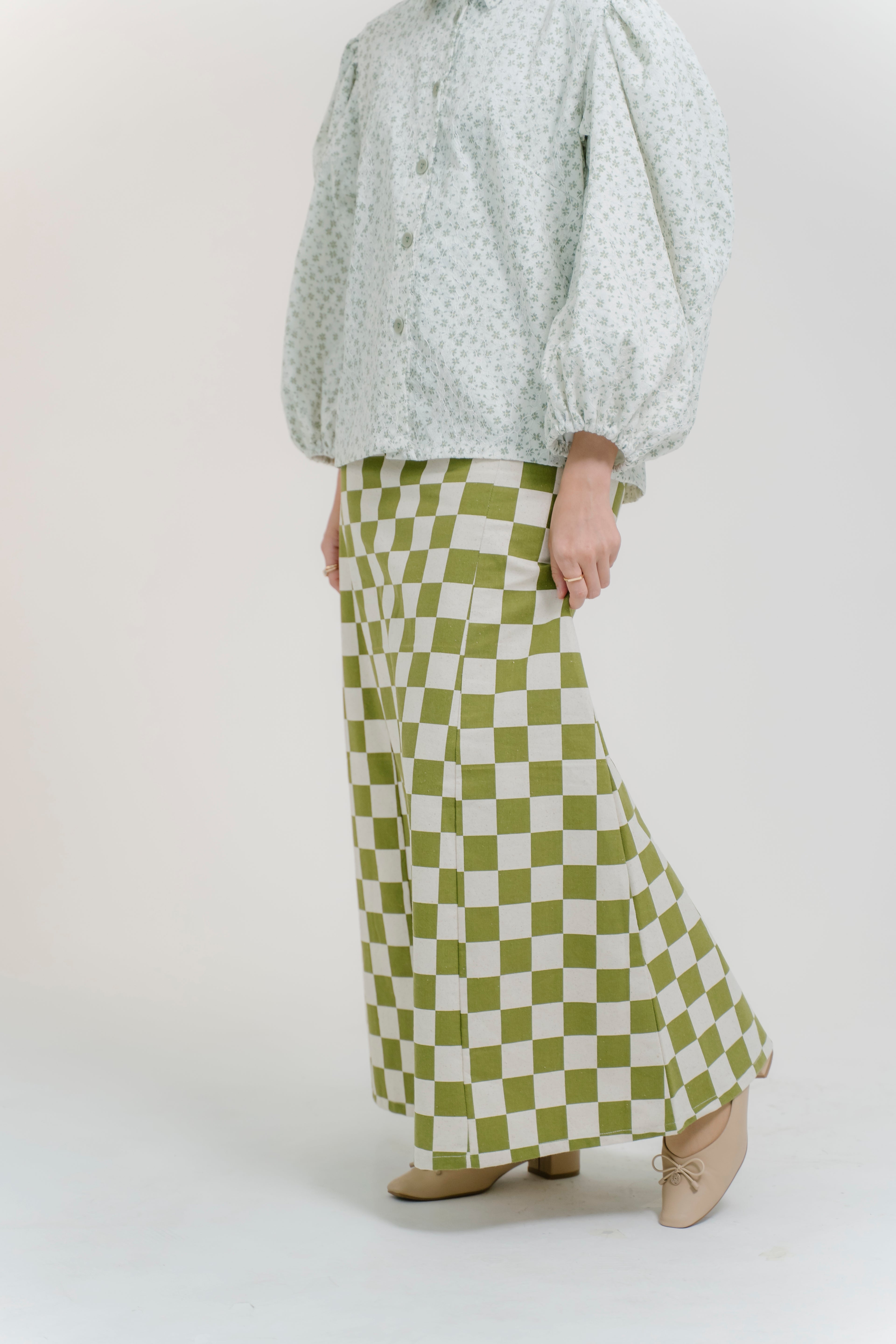 Lydia Skirt in Sage & Crème Check Linen