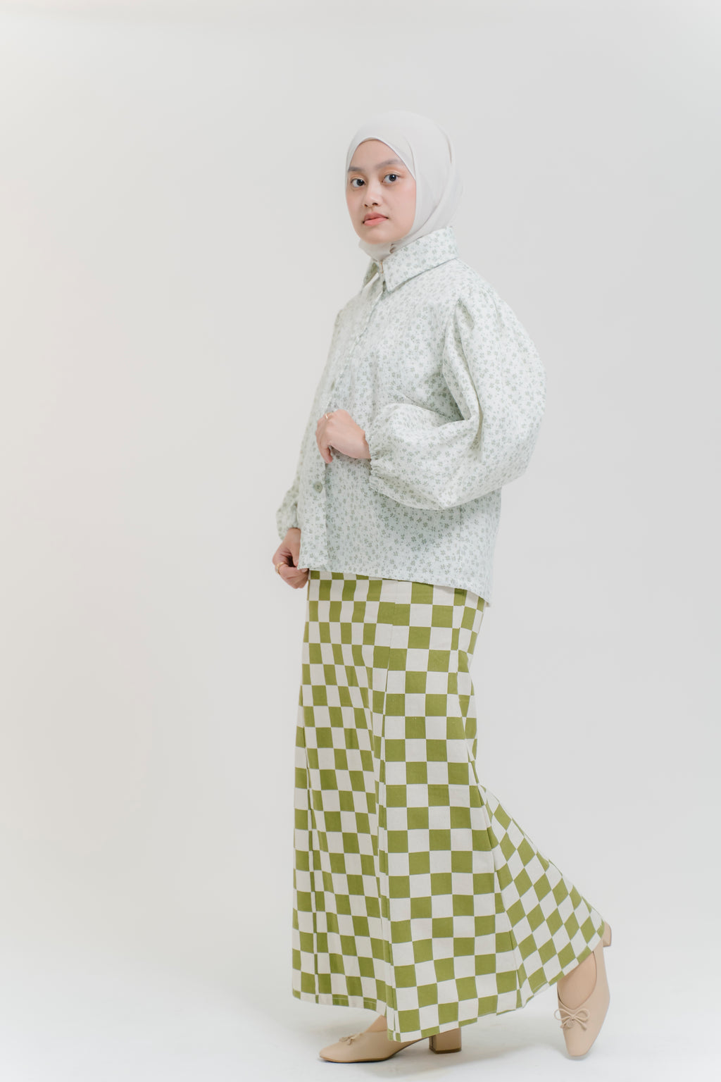 Lydia Skirt in Sage & Crème Check Linen