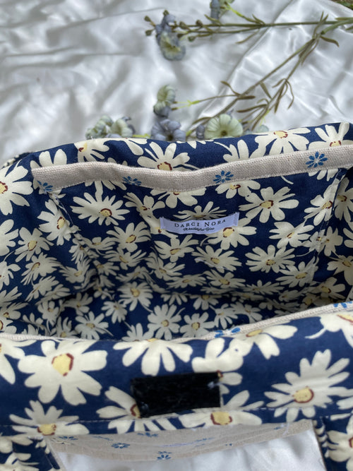 Cerulean Ditsy Linen Tote Bag - Daisies in the Night