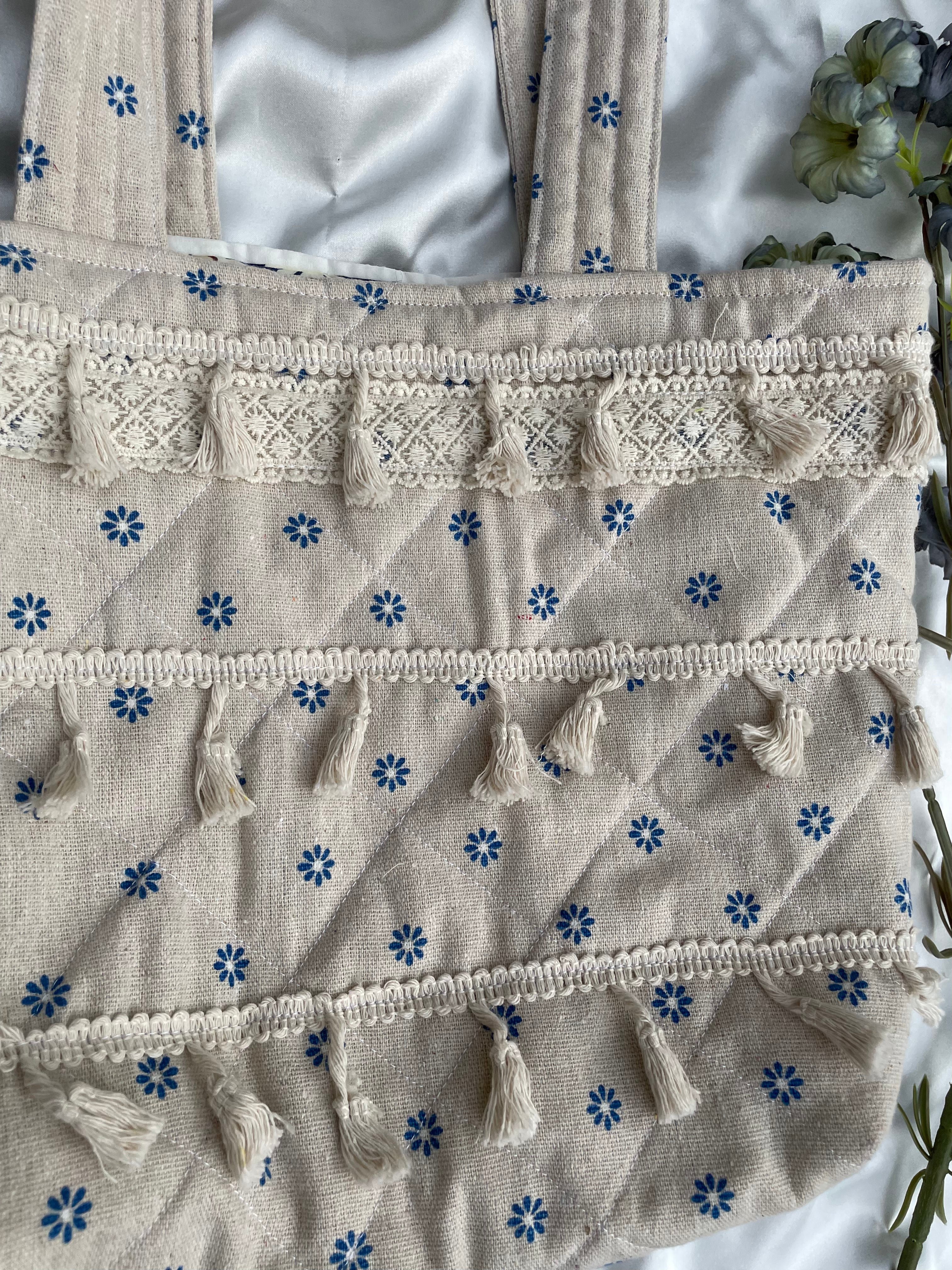 Cerulean Ditsy Linen Tote Bag - The Tiered Tassel Dream