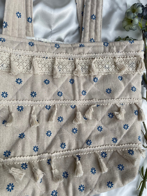 Cerulean Ditsy Linen Tote Bag - The Tiered Tassel Dream