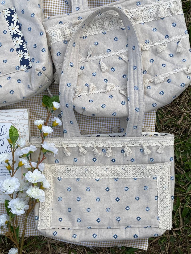 Cerulean Ditsy Linen Tote Bag - The Azure Lace-Front